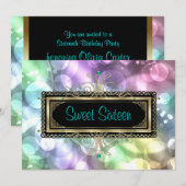 ピンクティール（緑がかった色）ブルーバブルSweet sixteen誕生日部品 招待状 (正面/裏面)