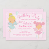 ピンクティール（緑がかった色）ブルーフェアリープリンセスガールバースデーパーティー 招待状 (正面/裏面)