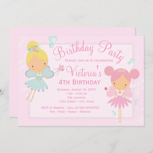 ピンクティール（緑がかった色）ブルーフェアリープリンセスガールバースデーパーティー 招待状 (正面/裏面)