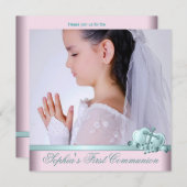 ピンクティール(緑がかった色)ブルーフォトファースト招待状 招待状 (正面/裏面)