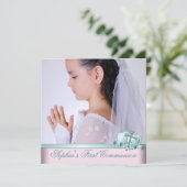 ピンクティール(緑がかった色)ブルーフォトファースト招待状 招待状 (スタンド正面)