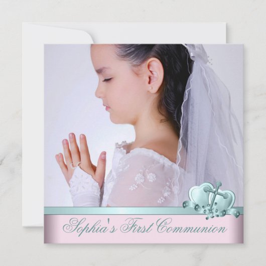 ピンクティール(緑がかった色)ブルーフォトファースト招待状 招待状 (正面)