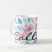 ピンクティール(緑がかった色)ブルー春水彩フラワーズモノグラム コーヒーマグカップ (正面左)