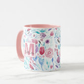 ピンクティール(緑がかった色)ブルー春水彩フラワーズモノグラム マグカップ (正面左)