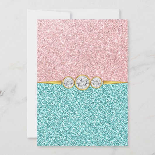 ピンクティール（緑がかった色）ブルー金ゴールドグリッターダイヤモンドバースデーパーティー 招待状 (裏面)