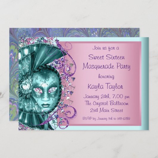 ピンクティール(緑がかった色)ブルーSweet sixteenマスカレードパーティー 招待状 (正面/裏面)