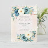 ピンクティール(緑がかった色)ホワイトフローラグリッターブライダルシャワー 招待状 (スタンド正面)