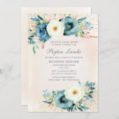 ピンクティール(緑がかった色)ホワイトフローラグリッターブライダルシャワー 招待状 (正面/裏面)