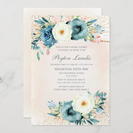 ピンクティール(緑がかった色)ホワイトフローラグリッターブライダルシャワー 招待状 (正面/裏面)