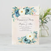 ピンクティール（緑がかった色）ホワイトフローラグリッター婚約 招待状 (スタンド正面)