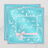 ピンクティール(緑がかった色)ホワイトベビーガールシャワー招待状 招待状 (正面/裏面)