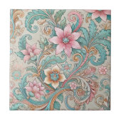 ピンクティール(緑がかった色)ボホろうけつ染めインドネシアウォーター色フローラ タイル (正面)