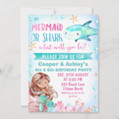 ピンクティール(緑がかった色)マーメイドアンドシャーク誕生日招待状 招待状 (正面)