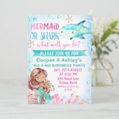 ピンクティール（緑がかった色）マーメイドアンドシャーク誕生日招待状 招待状 (スタンド正面)