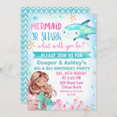 ピンクティール（緑がかった色）マーメイドアンドシャーク誕生日招待状 招待状 (正面/裏面)