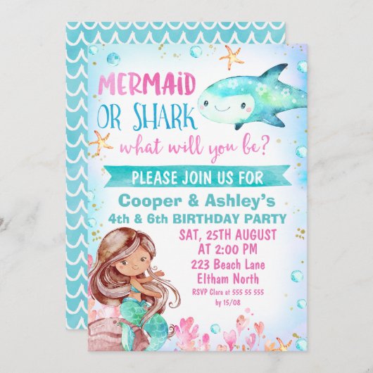 ピンクティール(緑がかった色)マーメイドアンドシャーク誕生日招待状 招待状 (正面/裏面)