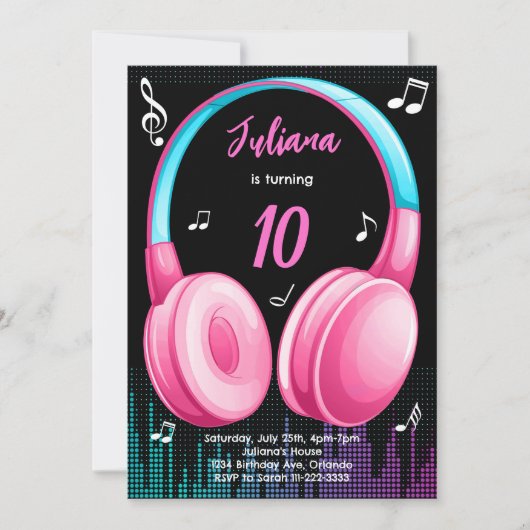 ピンクティール(緑がかった色)ミュージカル誕生日招待状 招待状 (正面)