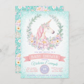 ピンクティール（緑がかった色）ユニコーンベビーシャワー招待状 招待状 (正面/裏面)