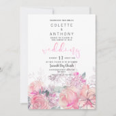 ピンクティール（緑がかった色）ラベンダーフローラ結婚ブーケ 招待状 (正面)