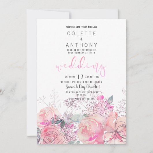 ピンクティール(緑がかった色)ラベンダーフローラ結婚ブーケ 招待状 (正面)