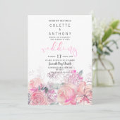 ピンクティール（緑がかった色）ラベンダーフローラ結婚ブーケ 招待状 (スタンド正面)