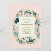 ピンクティール(緑がかった色)ヴィンテージフローラ女子60誕生日 招待状 (正面/裏面)