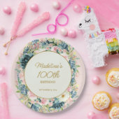 ピンクティール(緑がかった色)ヴィンテージフローラ植物学100誕生日 ペーパープレート (パーティー)