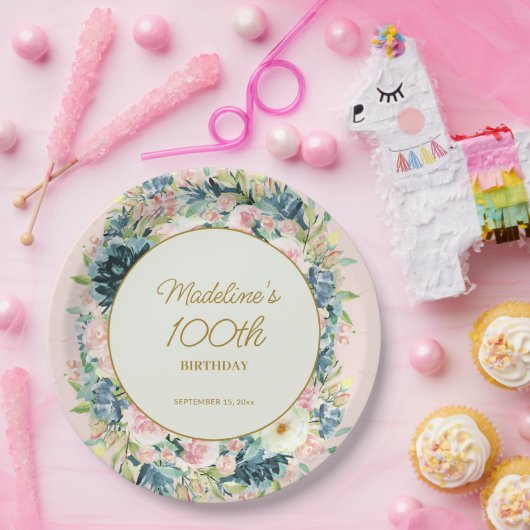 ピンクティール(緑がかった色)ヴィンテージフローラ植物学100誕生日 ペーパープレート (パーティー)