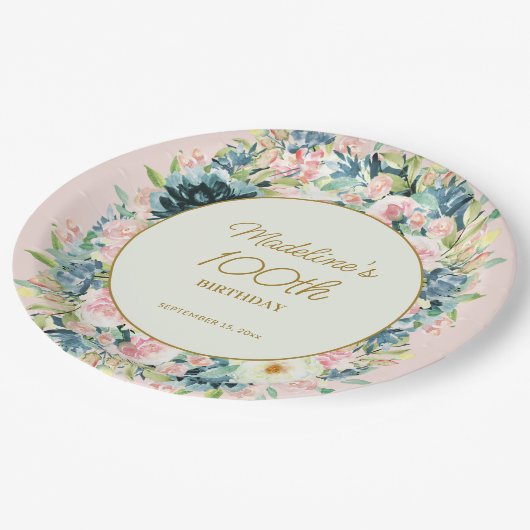 ピンクティール(緑がかった色)ヴィンテージフローラ植物学100誕生日 ペーパープレート (アングル)