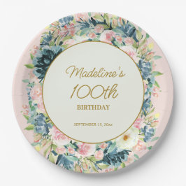 ピンクティール（緑がかった色）ヴィンテージフローラ植物学100誕生日 ペーパープレート