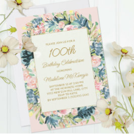 ピンクティール（緑がかった色）ヴィンテージフローラ植物学100誕生日 招待状