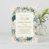 ピンクティール（緑がかった色）ヴィンテージフローラ植物学100誕生日 招待状 (スタンド正面)