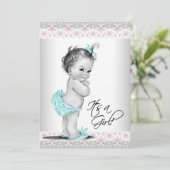 ピンクティール(緑がかった色)ヴィンテージベビーガールシャワー招待状 招待状 (スタンド正面)