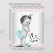 ピンクティール(緑がかった色)ヴィンテージベビーガールシャワー招待状 招待状 (正面/裏面)