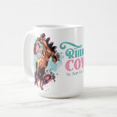 ピンクティール（緑がかった色）ヴィンテージ女性のカーボーイホースマグ コーヒーマグカップ (正面左)