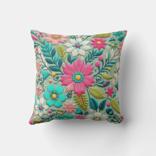 ピンクティール(緑がかった色)刺繍スタイルフラワーデザイン クッション (裏面)