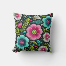 ピンクティール（緑がかった色）刺繍スタイルフローラデザイン クッション