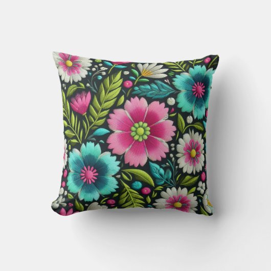 ピンクティール（緑がかった色）刺繍スタイルフローラデザイン クッション (正面)
