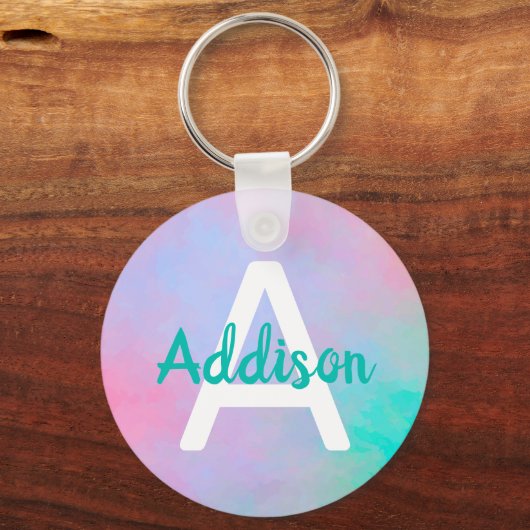 ピンクティール(緑がかった色)名前をカスタムするソフトフェージング色の水色 キーホルダー (正面)