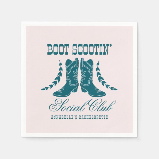 ピンクティール(緑がかった色)女性のカーボーイバチェロレッテソーシャルクラブ スタンダードカクテルナプキン (正面)