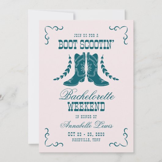 ピンクティール（緑がかった色）女性のカーボーイバチェロレッテソーシャルクラブ 招待状 (正面)