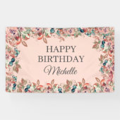ピンクティール（緑がかった色）水彩フローラハッピーバースデーバナー 横断幕 (横)