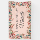 ピンクティール(緑がかった色)水彩フローラハッピーバースデー 横断幕 (縦)