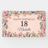 ピンクティール（緑がかった色）水彩フローラ18誕生日バナー 横断幕 (横)