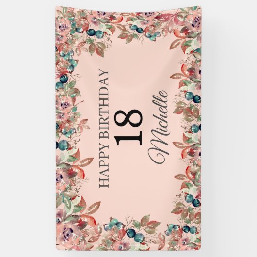 ピンクティール（緑がかった色）水彩フローラ18誕生日バナー 横断幕 (縦)