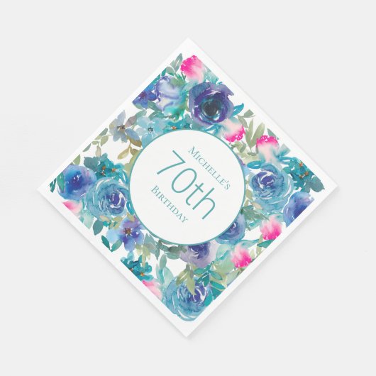 ピンクティール(緑がかった色)水彩フローラ70誕生日 スタンダードランチョンナプキン (角)