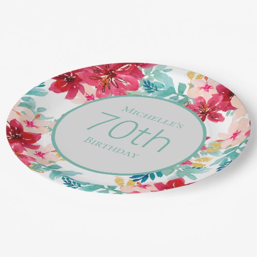 ピンクティール（緑がかった色）水彩葉フローラ70誕生日 ペーパープレート (アングル)