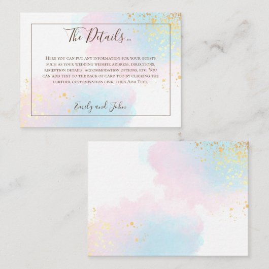ピンクティール(緑がかった色)水彩金ゴールド紙吹雪結婚詳細 エンクロージャーカード (正面/裏面)