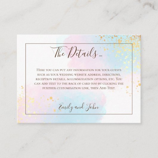 ピンクティール(緑がかった色)水彩金ゴールド紙吹雪結婚詳細 エンクロージャーカード (正面)