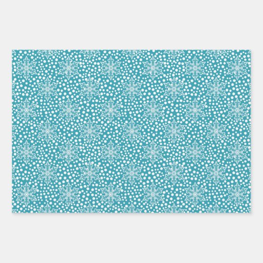 ピンクティール（緑がかった色）水玉模様スノーフレークスクリスマス ラッピングペーパーシート (正面2)
